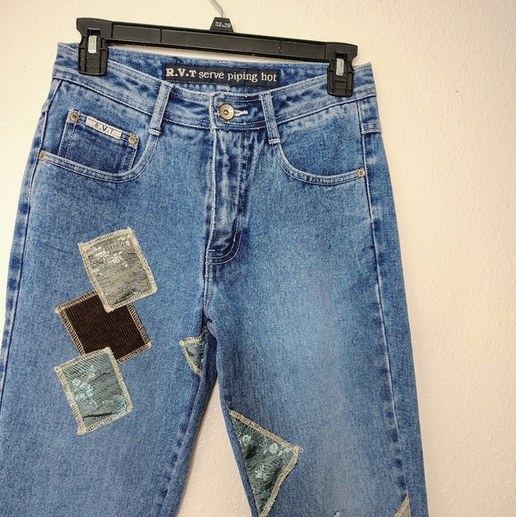 R.V.T Serve Piping Hot Patchwork Blue Jeans Sz 5/6 High Rise Straight Leg NWOT - Picture 9 of 15